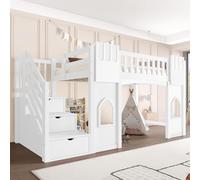 kozamas Cama alta 90 x 200 cm para niños de madera con espacio de almacenamiento y ventana, cama individual blanca con 3 compartimentos de almacenamiento, somier, ahorra espacio para espacios pequeños