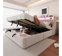 kozamas Cama doble tapizada de 180 x 200 cm con espacio de almacenamiento hidráulico y LED, terciopelo beige, enchufe USB/tipo C, cabecero plegable, incluye somier
