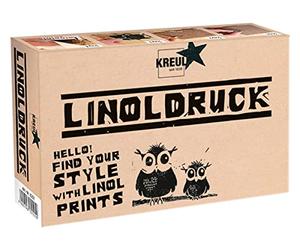 KREUL 15101 - Juego de tinta para linóleo, 20 ml de tinta negra para linóleo, 3 puntas cortantes, mango para puntas cortantes, plancha de linóleo DIN A6, plancha de vidrio y rodillo de goma