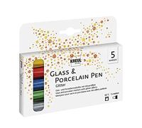 KREUL 16530 - Glass & Porcelain Pen Glitter, 5 rotuladores en Amarillo Sol, Rojo, Azul, Verde y Antracita, Ancho de Trazo Aprox. 1-3 mm, Color Semitransparente con Efecto Purpurina