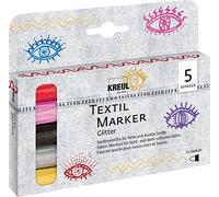 KREUL 92651 - Set de rotuladores textiles purpurina, medio, 5 piezas, ancho de trazo de 2 a 4 mm, base agua, rotuladores semiopacos para tejidos con efecto purpurina