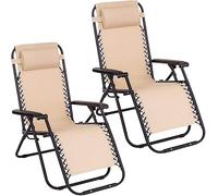 KROWN - Tumbonas Plegables de Exterior para Jardín, Playa, Piscina y Terraza - Sillas Gravedad Zero, Inclinables, de Acero Ligero, Tejido Oxford con Reposacabezas (Beige, Pack 2)