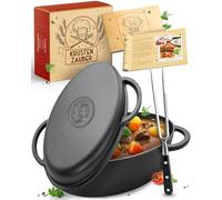KRUSTENZAUBER Asador de hierro fundido de 8 litros con tapa, capacidad de 10 litros, incluye tenedor de carne, apto para horno e inducción, ideal para cazuela, hornear, guisar y asar