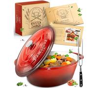 KRUSTENZAUBER Cacerola de hierro fundido con tapa, 33 cm, apta para horno, incluye tenedor de carne, 6 l, esmaltado, olla XL de hierro fundido, olla ideal para cocinar Kazan, para inducción, ovalada