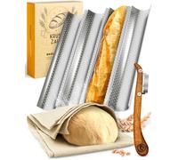 KRUSTENZAUBER, molde para baguette con revestimiento antiadherente, incluye cuerda para pan y cuchillo para pan. Bandeja para hornear baguettes (4 unidades). Ideal como molde para baguettes y para hor