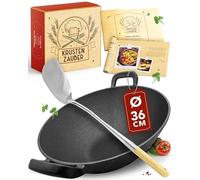 KRUSTENZAUBER Wok de 36 cm de hierro fundido para inducción, wok con espátula para wok, ideal para parrilla de gas, estufa, horno, como paella de hierro fundido, sartén de hierro fundido, sartén de