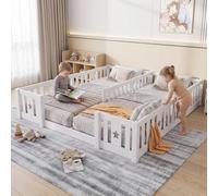 KRYZOR Cama Montessori en el suelo 90 x 200 cm para niños, con barreras | Cama Montessori doble en suelo de 2 plazas - pino macizo ecológico, barreras estrelladas, seguridad y autonomía para dos