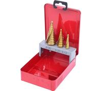 KS Tools 330.2423 Juego de brocas escalonadas HSS TiN en casete de chapa de acero 3 pzs