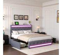 KSFASHZ Cama Matrimonio 140x190 con 4 Cajones, Camas Matrimoniales con LED y USB, Cama Tapizada 140x190 con AlmacenajeCama CapitonadaCama de Matrimonio Tapizado Camas Adultos con Cabecero, Sin colchón