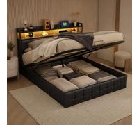 KSFASHZ Cama Tapizada 140x190 con Almacenaje, Camas Matrimoniales con Luces LED y Enchufe USB, Cama Canape 140x190 con CabeceroCama de Matrimonio TapizadoCama DobleMatrimonio, Sin colchón