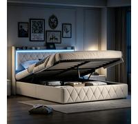 KSFASHZ Cama Tapizada 140x190 con Almacenaje, Camas Matrimoniales con Luces LED y Enchufe USB, Cama Canape 140x190 con CabeceroCama de Matrimonio TapizadoCama DobleMatrimonio, Sin colchón