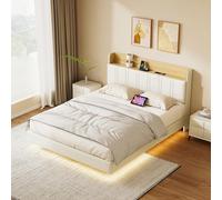 KSFASHZ Cama Tapizada 140x190 LED USB, Cama Tapizada 140x190 con Somier, Cama Adulto con Cabecero de Cama Doble Tapizada Marco de Cama Adulto 2 Plazas, Sin Colchón