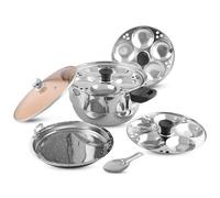 KSJONE 5 piezas de acero inoxidable apto para inducción con tapa transparente Idli Multi Kadai para cocina india con 3 platos idli (15 idlis), 1 plato Patra y 1 cuchara Idli, color plateado