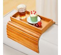 Kssiaz Bandeja de Brazo para Sofá, Mesa de Brazo de Sofá de Bambú Plegable, Bandeja para Reposabrazos de Sofá Antideslizante con Portavasos, Mesa Lateral para Aperitivos Mandos Bebidas, Marrón Claro