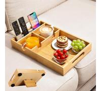 Kssiaz Bandeja de Sofá para el Asiento Central, Mesita de Bambú para Sofá con 2 Portavasos, Apto para Sofás sin Brazos y Modulares, Organizador de Sofá para Snacks, Bebidas, Mandos a Distancia, Bambú