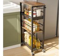 Kssiaz Carro de Almacenamiento Delgado con Ruedas, Carrito Pequeño de 4 Niveles con Manija, Profundidad de 9,1", Altura Ajustable, Estante Móvil Multiusos para Cocina, Baño, Lavadero, Negro + Marrón