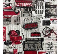 Kt KILOtela - Tela Loneta Estampada, Decoración, Tapizar, Cojines, Cortinas, Colchas, Bolsos, Manteles, 100 cm Largo x 280 cm Ancho, Italia, Vespa, Pizzeria, Dolce Vita, Rojo, Negro - 1 Metro