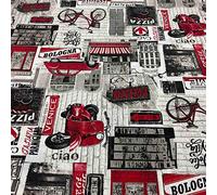 Kt KILOtela - Tela Loneta Estampada, Decoración, Tapizar, Cojines, Cortinas, Colchas, Bolsos, Manteles, Manualidades, 300 cm Largo x 280 cm Ancho, Vespa, Pizzeria, Dolce Vita, Rojo, Negro ─ 3 metro
