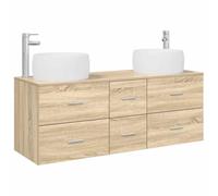 KTHLBRH Juego de muebles de baño de 3 piezas de roble Sonoma con lavabo y | Madera de ingeniería, tiradores plateados, 6 cajones, montaje en pared, uso interior, lavabo y grifo incluidos