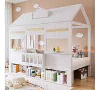 Ktipm Cama Casita Montessori 90x200 cm con Diseño de Techo y Almacenamiento, Cama Casita Bebe Montessori Niño Niña con Ventana, Camas Infantiles Criança con Listones de Madera, Sin Colchón, Blanco