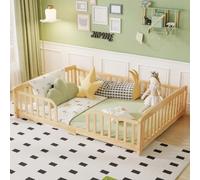 Ktipm Cama Infantil Montessori 140x200 cm con Barrera, Color Natural | Cama Bebe Niño Niña de Suelo, Camas Infantiles con Estructura de Madera, Sin Colchón
