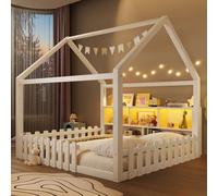 Ktipm Cama Montessori 140x190 con Barrera y Luz LED, Camas Infantiles con Diseño de Casa y Compartimentos Abiertos, Cama Casita Criança Camas Cuna Niño Niña con Listones de Madera, Sin Colchón, Blanco