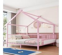 Ktipm Cama Montessori Infantil 140x200 cm con Barandilla y Diseño de Techo | Cama Casita Montessori con Estructura Metálica, Cuna Camas Infantiles Niño Niña con Soporte de Listones, Sin Colchón, Rosa