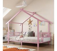 Ktipm Cama Montessori Infantil 90x200 cm con Barandilla y Diseño de Techo | Cama Casita Montessori con Estructura Metálica, Cuna Camas Infantiles Niño Niña con Soporte de Listones, Sin Colchón, Rosa