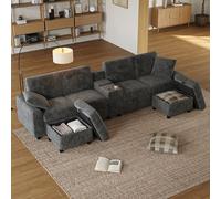 Ktipm Sofa 4 Plazas Modular en Forma de U con Enchufe y USB, Sofas de Salon con 2 Taburetes de Almacenaje y Portavasos, Sofa Salon Rinconera de Pana, 315x135x81 cm, Gris