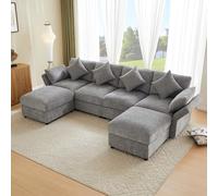 Ktipm Sofa 4 Plazas Modular en Forma de U o de L, Sofas de Salon Rinconera con Reposabrazos Ajustables y 2 Taburetes, Sofá Esquinero con 4 Cojines y 2 Reposacabezas, 284x156.5x86 cm, Chenilla, Gris