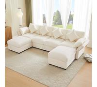 Ktipm Sofa 4 Plazas Modular en Forma de U o de L, Sofas de Salon Rinconera con Reposabrazos Ajustables y 2 Taburetes, Sofá Esquinero con 4 Cojines y 2 Reposacabezas, 284x156.5x86 cm, Chenilla, Beige