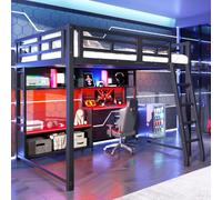 Kuczn Cama alta de metal 140 x 200 cm con iluminación LED y estación de | Cama juvenil con escritorio, estilo gaming, estanterías y escalera, cuna con protección anticaídas, sin colchón