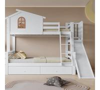 Kuczn Litera 90 x 200 y 120 x 200 cm, cama alta con ventanas, escalera, deslizadores y 2 cajones, cama doble, cama juvenil con somier y protección contra caídas, pino, sin colchón, color blanco 2