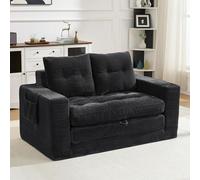 Kuczn Sofá cama plegable de 2 plazas de tela de pana suave, sofá sin cama; sofá con función de dormir, reposabrazos ampliados y bolsillos laterales, para salón, dormitorio y oficina, color negro