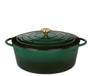 Küchenprofi Cacerola de hierro fundido con tapa, color verde/interior negro, 35 cm, cazuela, horno holandés, sartén para pan esmaltado, para todo tipo de cocinas (incluye inducción), para guisar,
