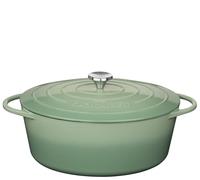 Küchenprofi Cacerola de hierro fundido con tapa ovalada, jade, 33 cm, cazuela, horno holandés, sartén para pan esmaltado, para todo tipo de fuegos (incluye inducción), para guisar, hornear, asar