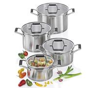 Küchenprofi Cook Bolonia - Juego de cacerolas (4 piezas, acero inoxidable, tapa de cristal, apta para inducción, colador fino/grueso, base multicapa, 1 olla de 20 cm de diámetro, 3 cacerolas de 16,