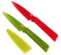 KUHN RIKON Colori+ - Juego de cuchillo (hoja recta y hoja dentada, con protector de hoja, antiadherente, acero inoxidable, 19,5 cm), color rojo y verde