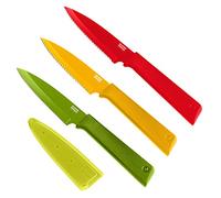 KUHN RIKON COLORI+ - Juego de cuchillos Prep grandes, 3 piezas, 1 cuchillo recto, 2 cuchillos dentados, acero inoxidable, con protector de hoja, antiadherente, color rojo, amarillo y verde