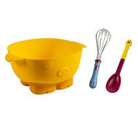 KUHN RIKON Juego de 3 cuencos para mezclar, batidor, cuchara mezcladora infantil, diseño de animales, amarillo, rojo y azul