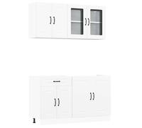 KUPTYERFG Juego de 4 muebles de cocina Kalmar de madera, color blanco | Módulo de cocina flexible de 4 piezas en color blanco para cocina y comedor con elementos de cristal y mucho espacio de