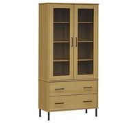 KUPTYERFG Librería de madera maciza marrón 85 x 35 x 172,5 cm estantería con 2 puertas y 2 cajones, estantería de pie de pino con patas de metal para salón, estudio Oslo