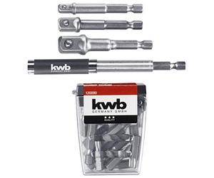 kwb Juego de 23 puntas con adaptador de vaso y portapuntas de 80 mm/extensible a 118 mm para destornillador inalámbrico, adaptador de cuatro canales