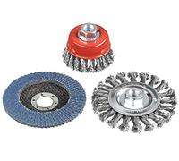 kwb Juego de 3 cepillos de alambre para amoladora angular, limpieza y lijado, incluye disco abrasivo K-80 de 115 mm, soporte M14
