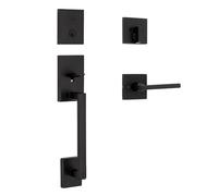 Kwikset 98180-020 San Clemente - Juego de manijas de bloqueo frontal de perfil bajo con palanca de puerta Halifax con seguridad SmartKey, color negro hierro