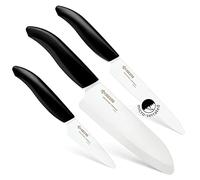 Kyocera Juego de 3 cuchillos, Cuchillo para pelar 7.5 cm, Cuchillo tomate 12.5 cm, Cuchillo Santoku 16 cm, hoja de cerámica de circonio afilada, afilada a mano, ligera, no corrosiva