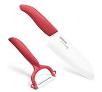 Kyocera Juego de Corte y pelado, Juego de Cuchillos, Cuchillo Santoku de 14 cm, pelador CP-10, Hoja de cerámica de circonio Afilada, Afilada a Mano, Ligera, no corrosiva, Apta para lavavajillas, roja