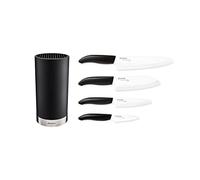 KYOCERA Juego de cuchillos de cerámica con cuchillo de pelar GEN, cuchillo multiusos, cuchillo universal y cuchillo Santoku y bloque de cuchillos redondo para 8 cuchillos, KB-RD BK 4KN FK EU