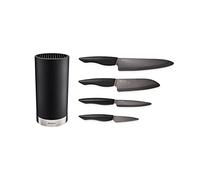KYOCERA Juego de cuchillos de cerámica negro con cuchillo de pelar, cuchillo multiusos, cuchillo universal y cuchillo Santoku y bloque de cuchillos redondo para 8 cuchillos, KB-RD BK 4KN ZK EU