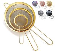 Kyraton Juego de 3 coladores de malla fina dorada, tamiz de harina dorada para hornear, colador de acero inoxidable, colador de té Matcha, separador de salsa, coladores de pasta Stasher Sieve